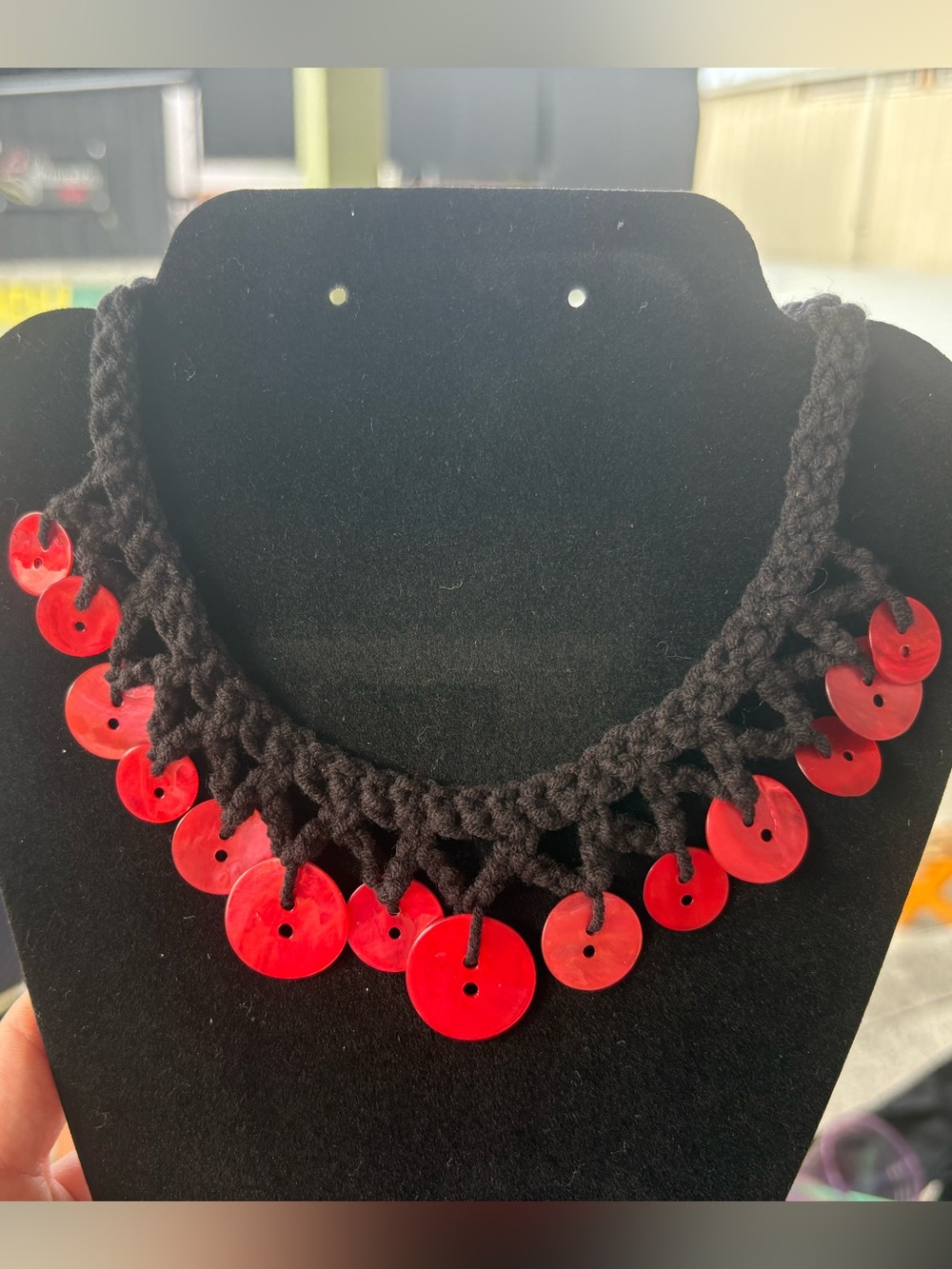 Handcrafted Black Crochet Necklace with Red Buttons Whimsigoth